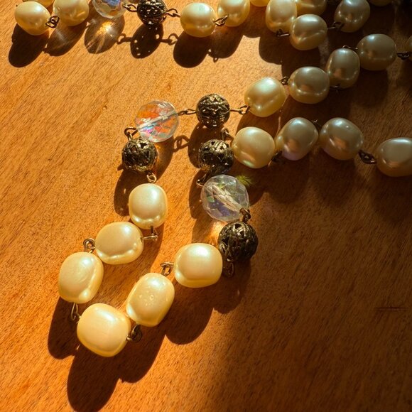 Long costume pearl, rainbow crystal, and brass necklace - Picture 10 of 10